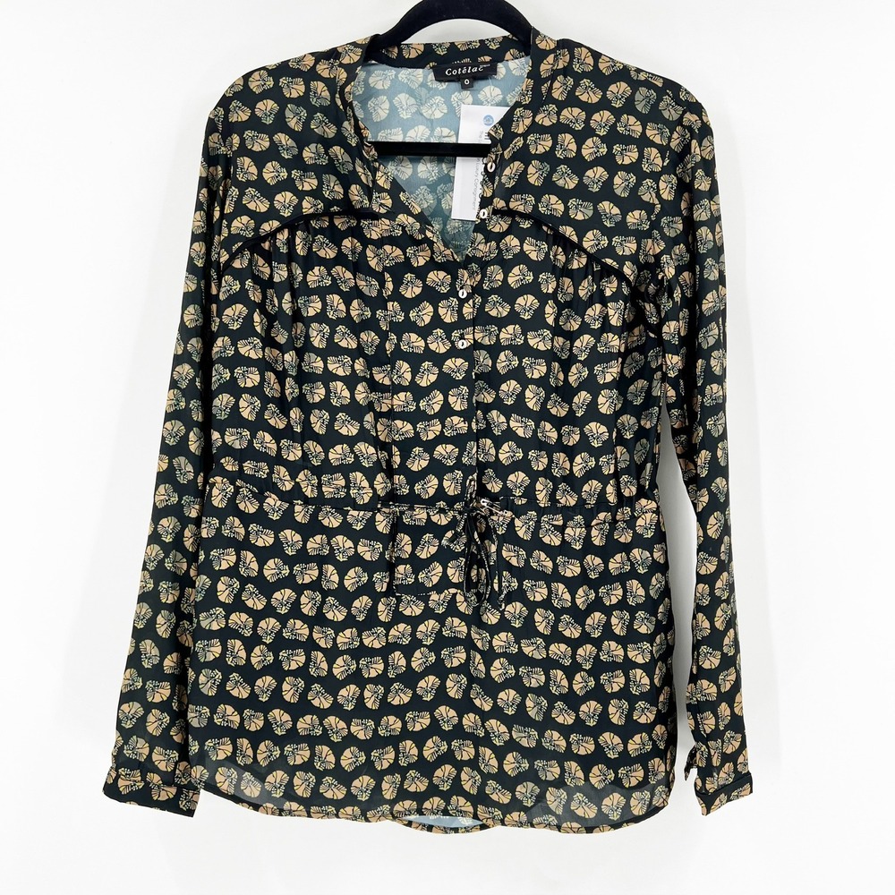 Cotelac Women's Black Beige Floral Long Sleeve Button‎ Down Top